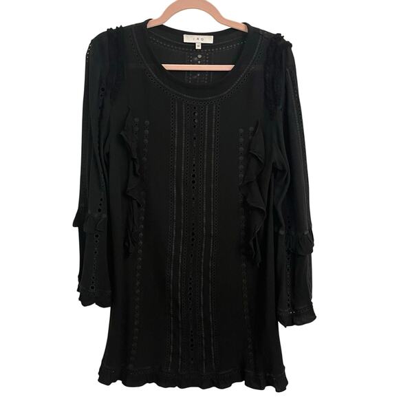 IRO Jeyss 17S Ruffle Eyelet Mini Dress Size 4 Small Black Bell Sleeve Tunic Goth - Picture 2 of 16